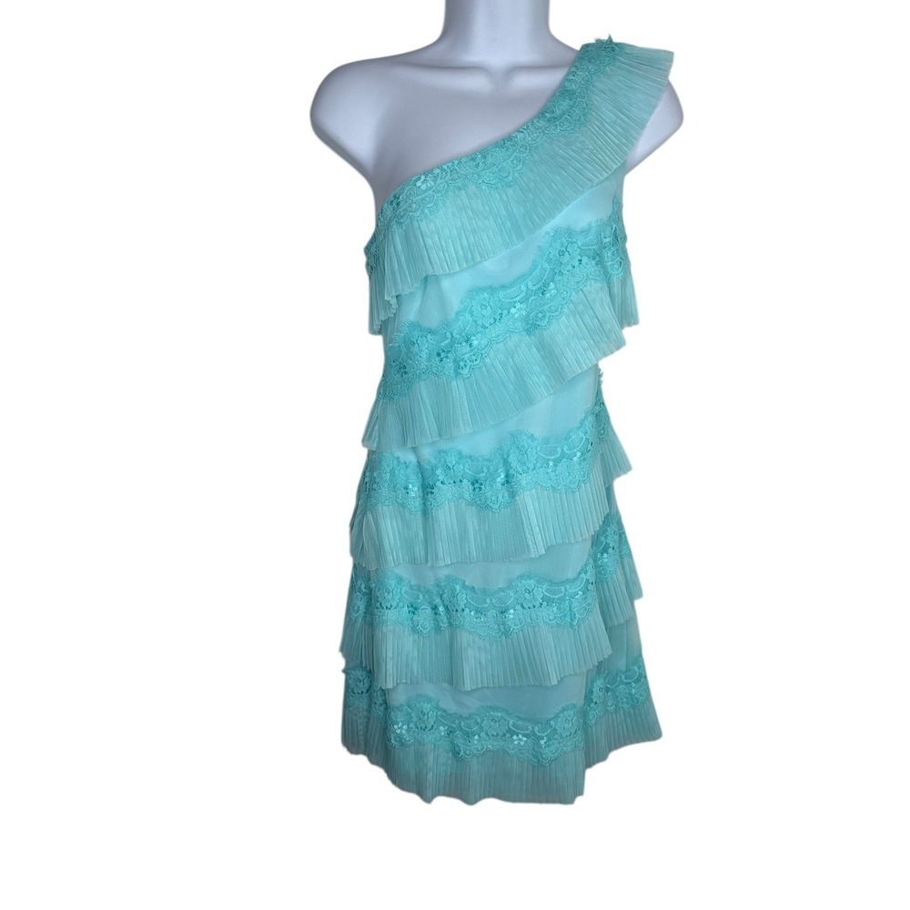 NEW Max And Cleo Sz 2 Blue Mint Tulle Overlay Pleated One Shoulder Dress Wedding